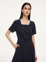 [Preview] Triacetate Blend Square Neck Women Midi Dress With Belt GOELIA