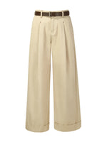Cotton Denim Women Cuffed Wide Leg Jeans With Belt GOELIA