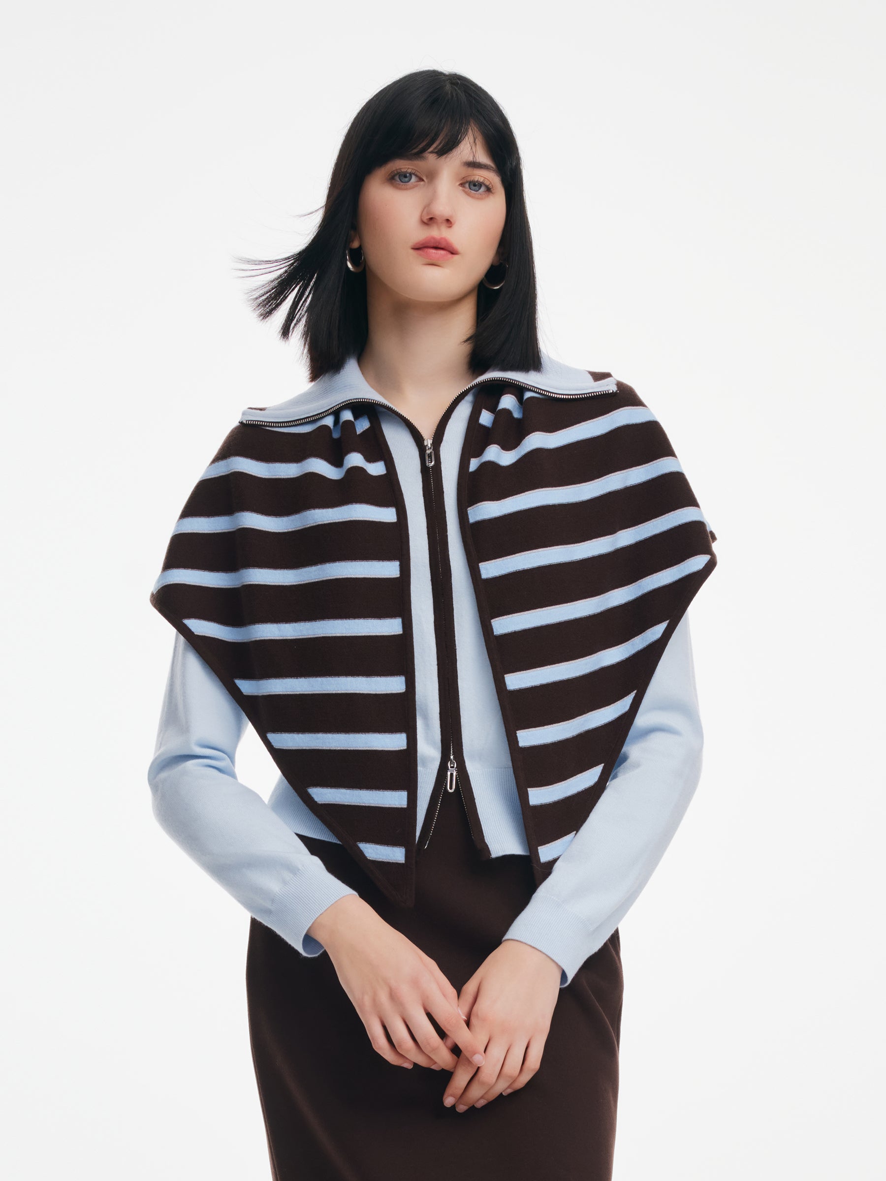 Tencel Wool Blend Striped Knit Triangular Scarf GOELIA