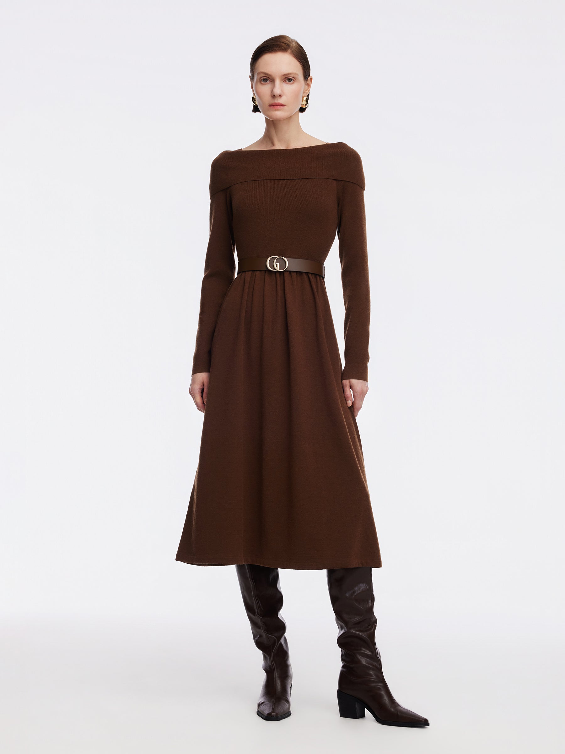 Tencel Wool Blend Boat Neck Women Knit Maxi Dress With Leather Belt GOELIA