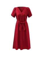 Petal Sleeves Gathered Waist V-Neck Women Midi Dress With Belt GOELIA