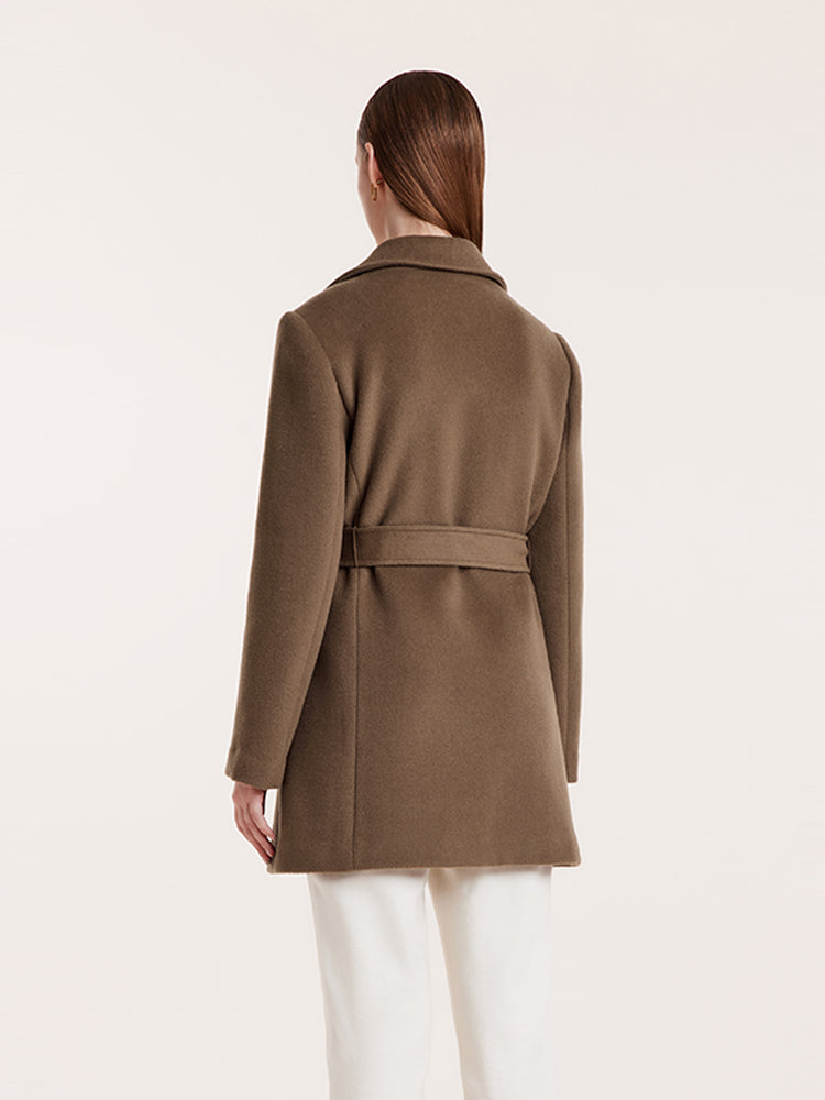 Brown Tencel Wool Notched Lapel Coat With Belt GOELIA