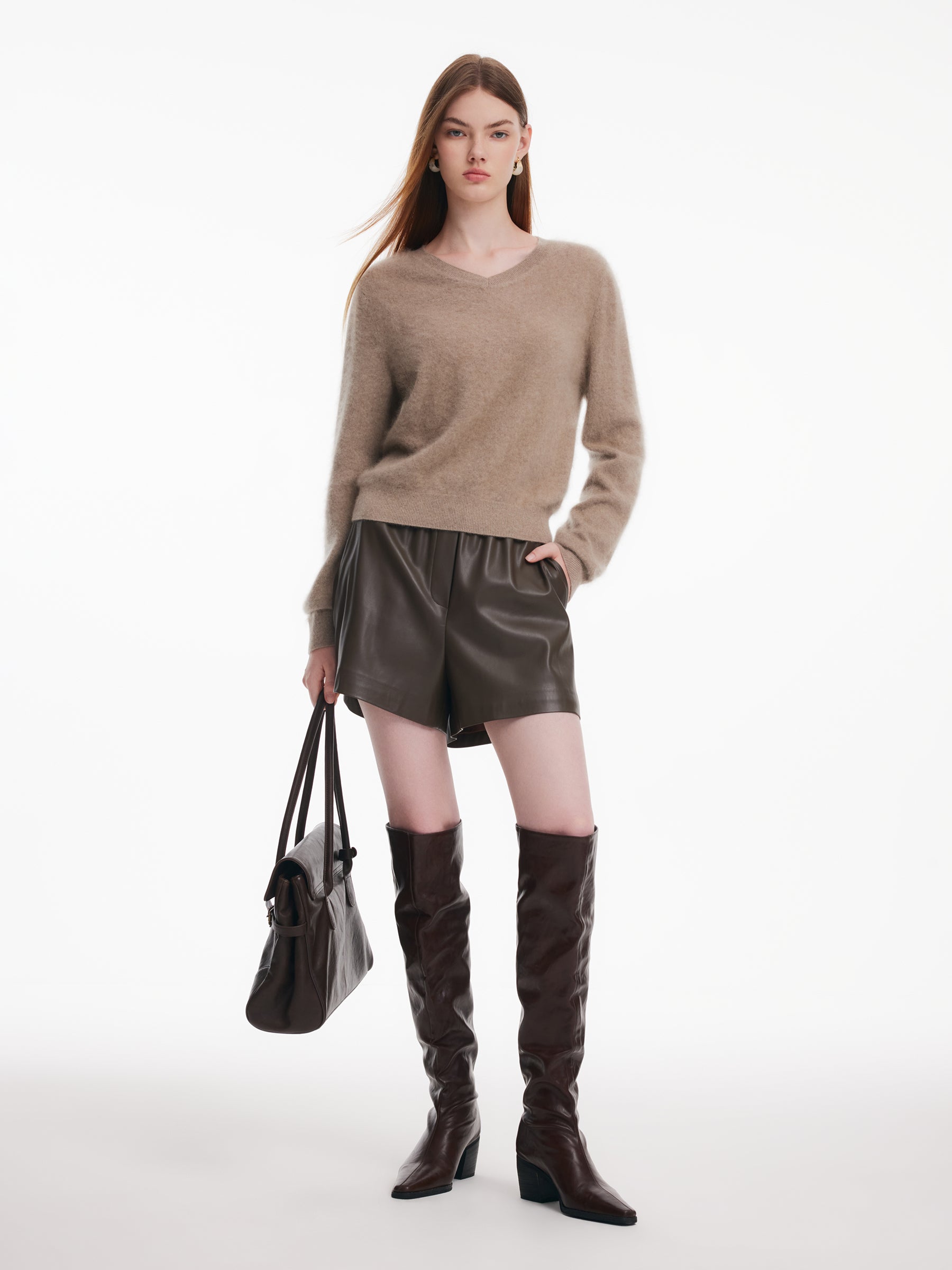 [Preview] 100% Brushed Cashmere V-Neck Women Sweater GOELIA