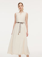 100% Ramie Bubble Hem Women Sleeveless Maxi Dress With Tie String Belt GOELIA