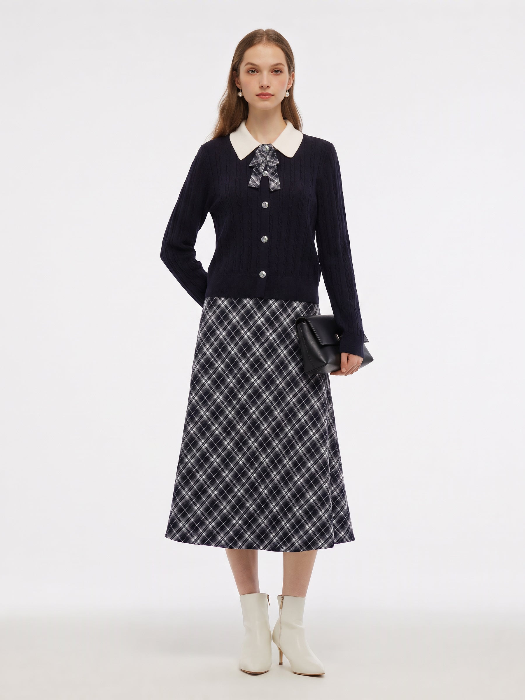 [Preview] Cable Knit Cardigan And Plaid Skirt Two-Piece Set With Detachable Bow GOELIA