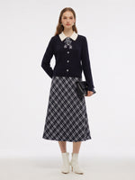 [Preview] Cable Knit Cardigan And Plaid Skirt Two-Piece Set With Detachable Bow GOELIA