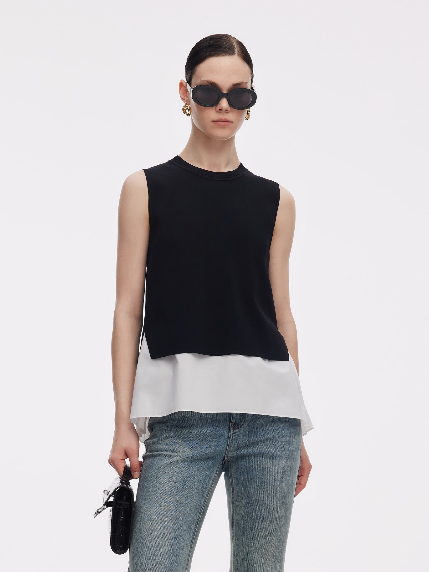 Lyocell Blend Knit Tank Top And Back Pleated Blouse Two-Piece Set GOELIA
