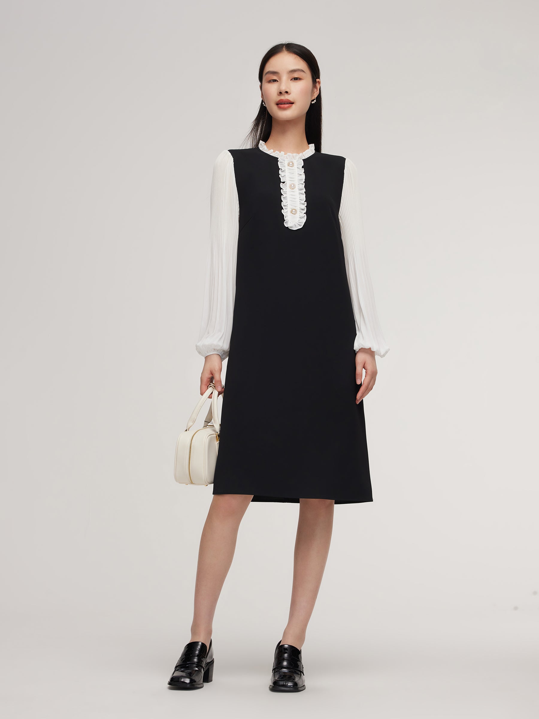 Patchwork Ruffle Collar Pleated Sleeve Women Mini Dress GOELIA