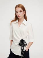 100% Cotton Side Twist Women Blouse With Silky Scarf GOELIA