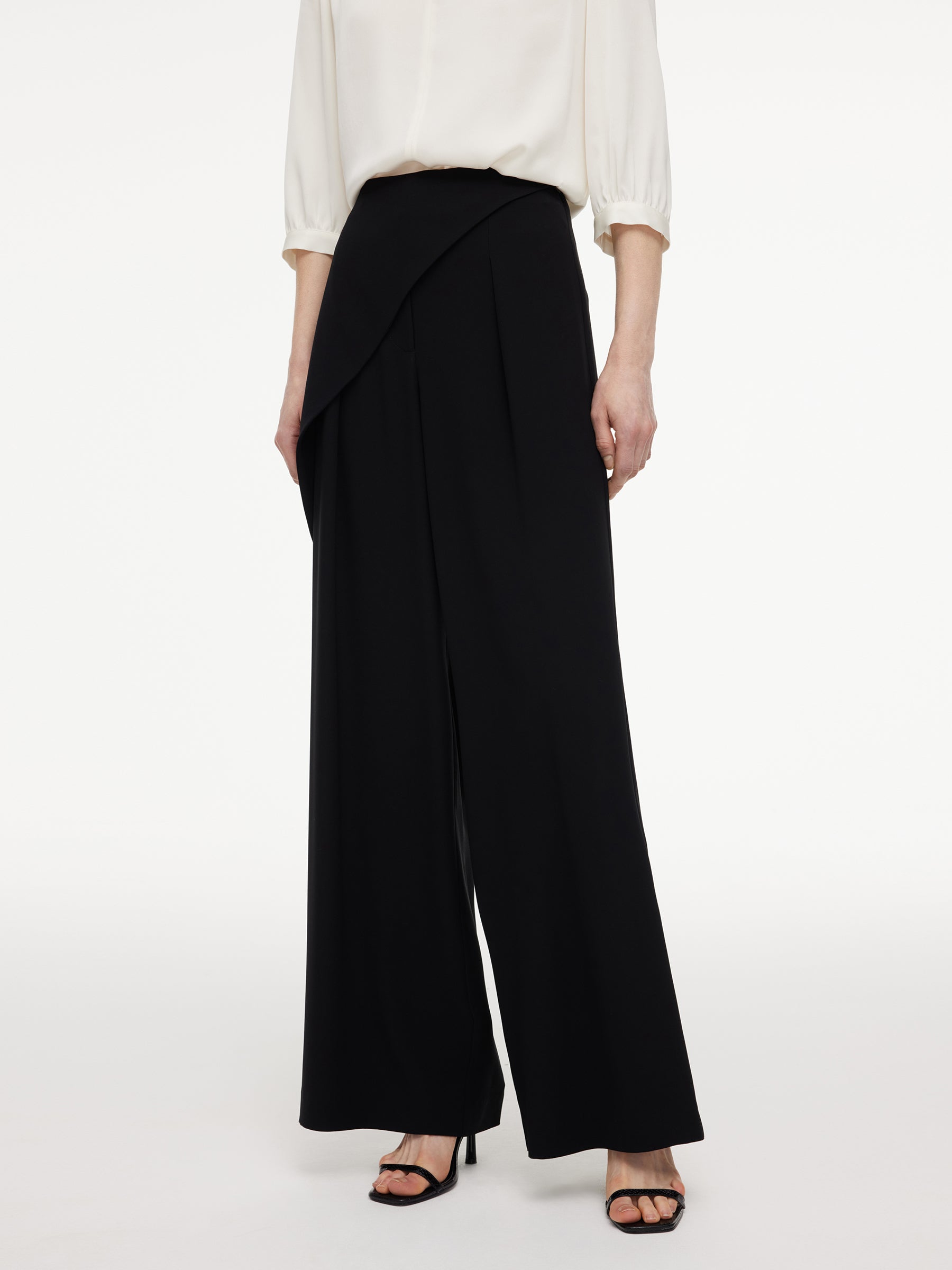 Acetate Blend Asymmetrical Wrap Overlay Women Wide Leg Pants GOELIA