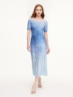 Blue And White Gradient Women Pleated Maxi Dress GOELIA