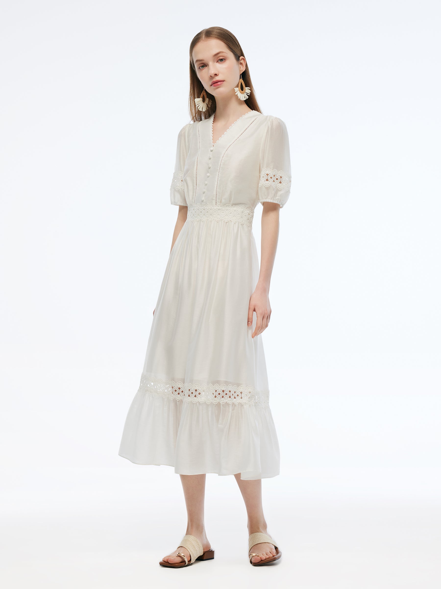 Tencel Blend Patchwork Lace Women Maxi Dress GOELIA