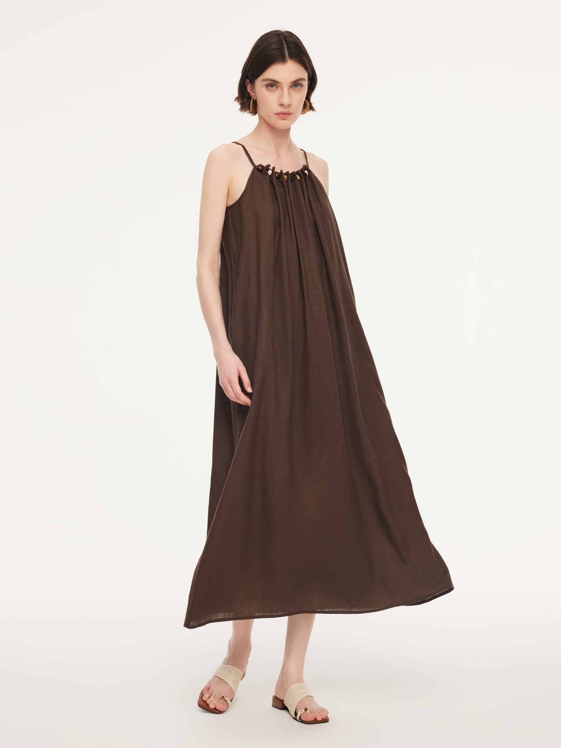 100% Linen Beaded Neck Women Strap Maxi Dress With Tie String Belt GOELIA