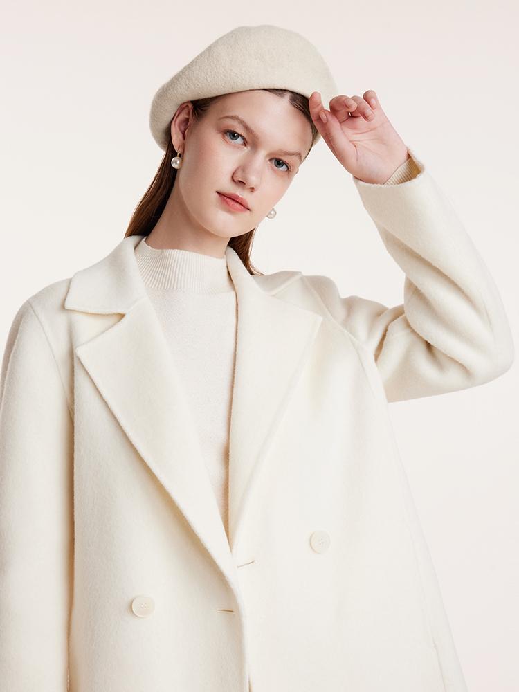 White Mid-Length Double-Faced Wool Women Coat With Detachable Collar GOELIA