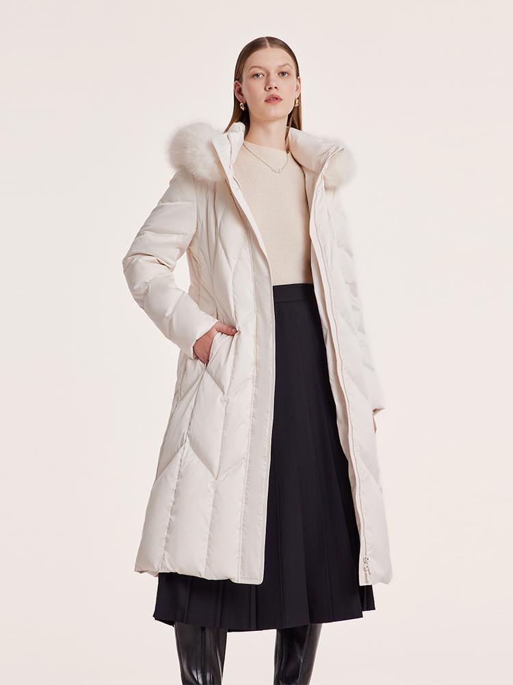 Gathered Waist Long Goose Down Garment With Faux-Fur Collar GOELIA