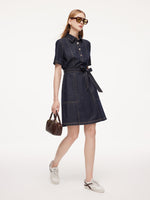 100% Cotton Denim Women A-Line Mini Shirt Dress With Self-Tie Belt GOELIA