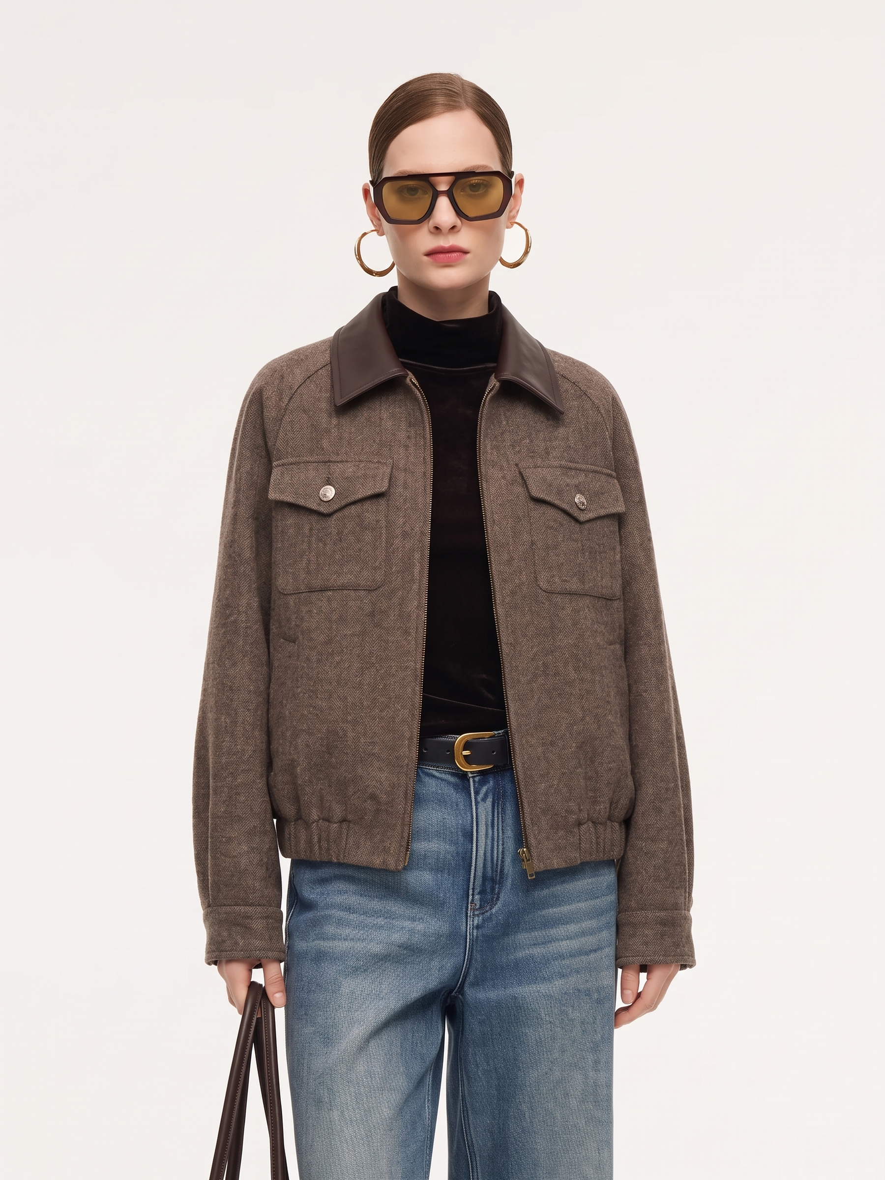 Washable Wool Contrast Leather Collar Women Jacket GOELIA