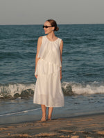 Tencel Blend Ruffle Women Tiered Sleeveless Midi Dress GOELIA