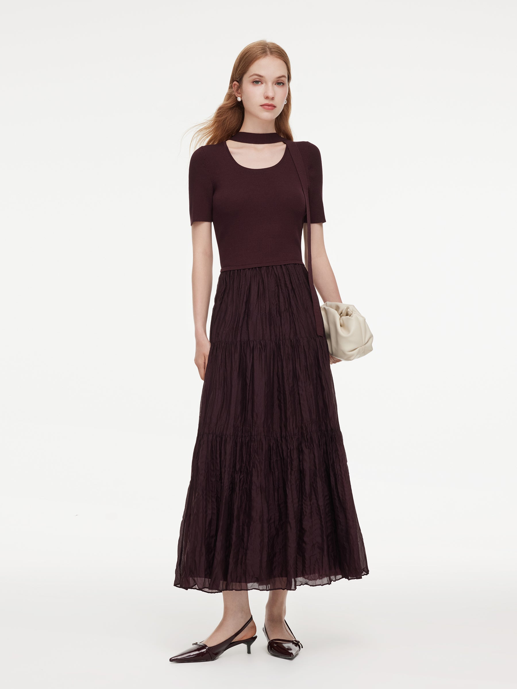 Lyocell Blend Patchwork Women Maxi Dress With Ribbon GOELIA