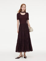 Lyocell Blend Patchwork Women Maxi Dress With Ribbon GOELIA