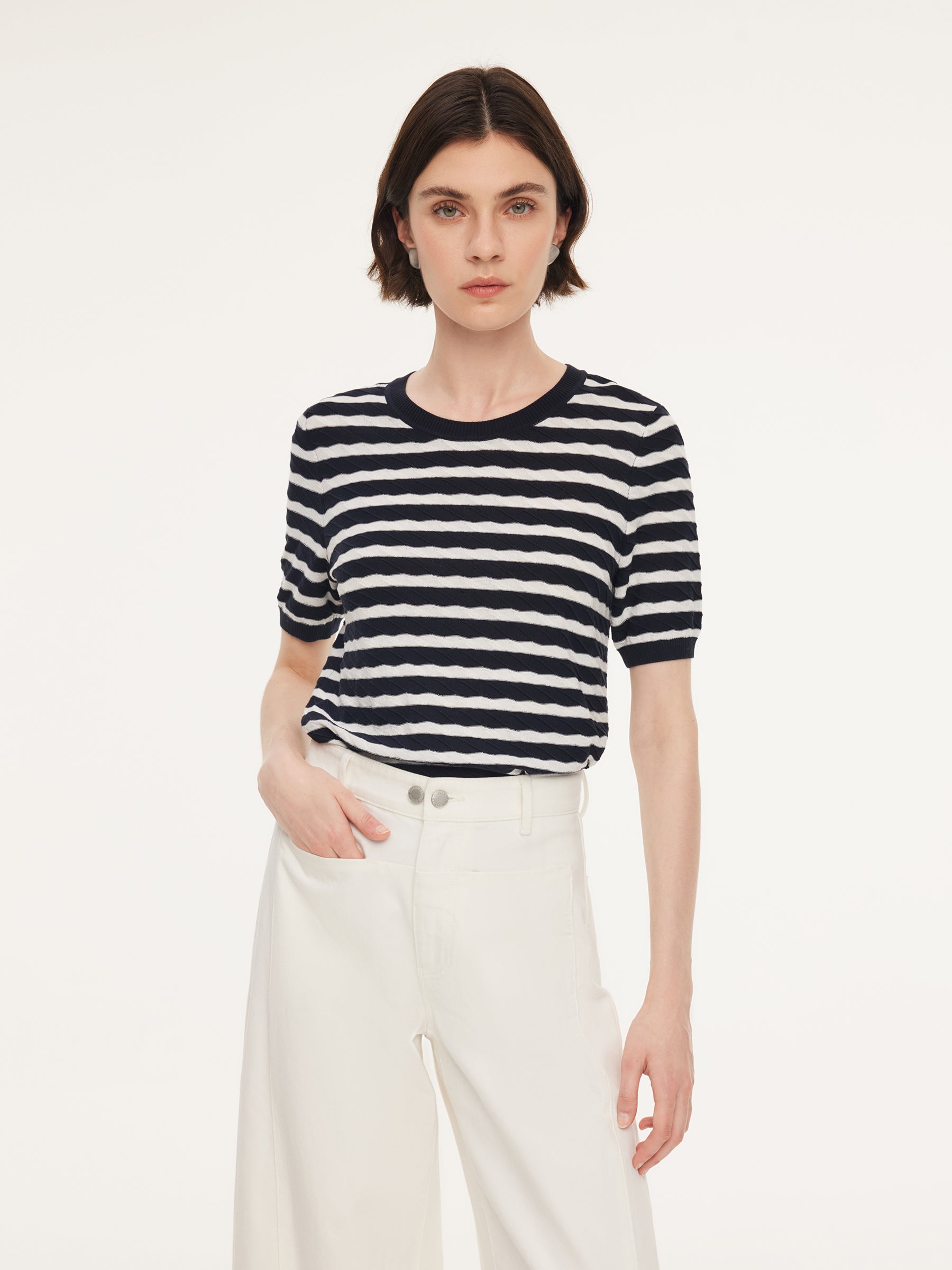 Lyocell Blend Stripe Round Neck Women Knit Top GOELIA