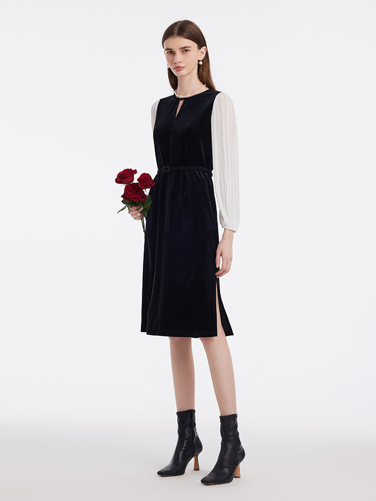 Pleated Sleeves Velvet Patchwork Women Midi Dress GOELIA