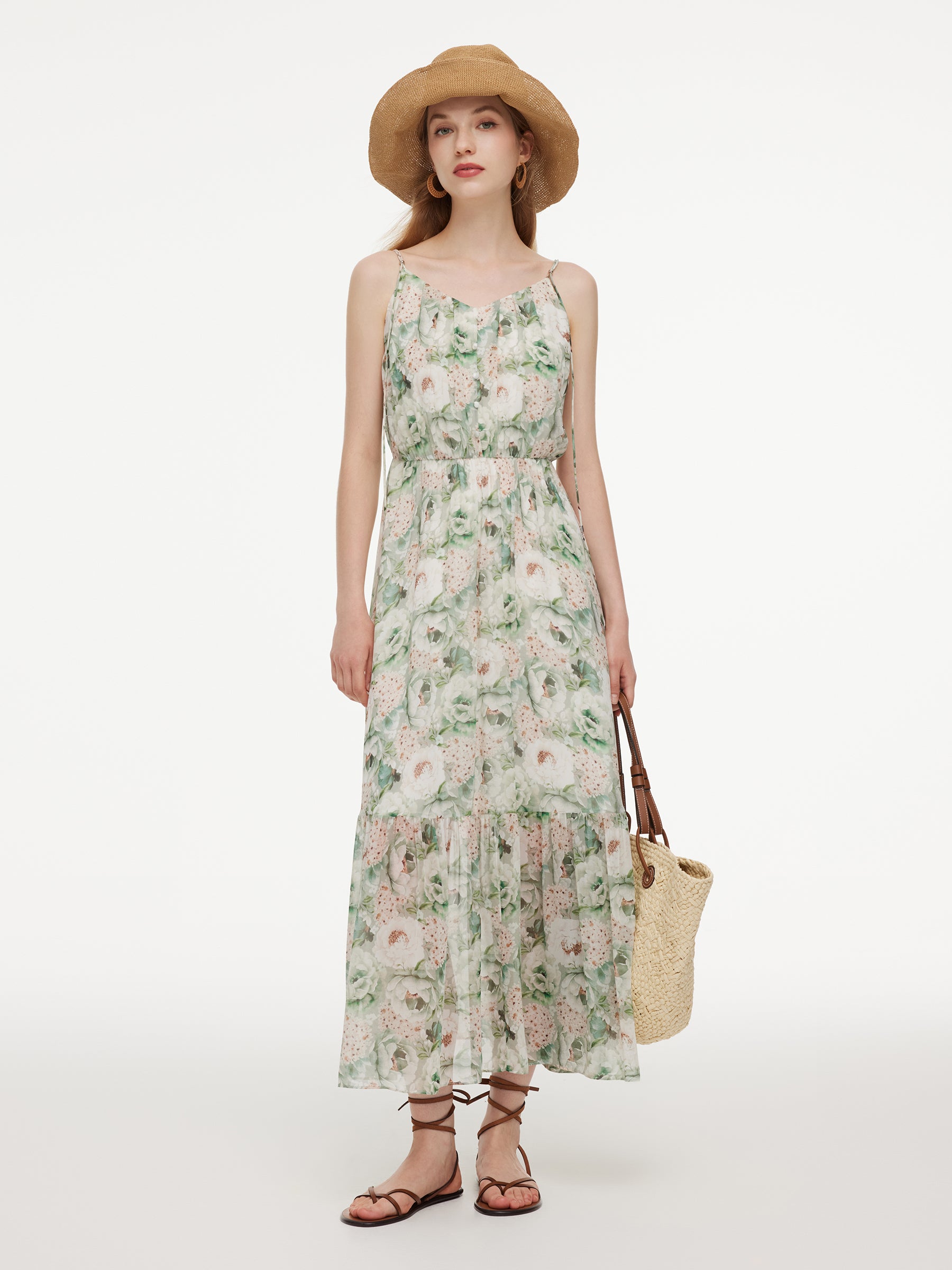 10MM Mulberry Silk Floral Print Women Strap Maxi Dress GOELIA