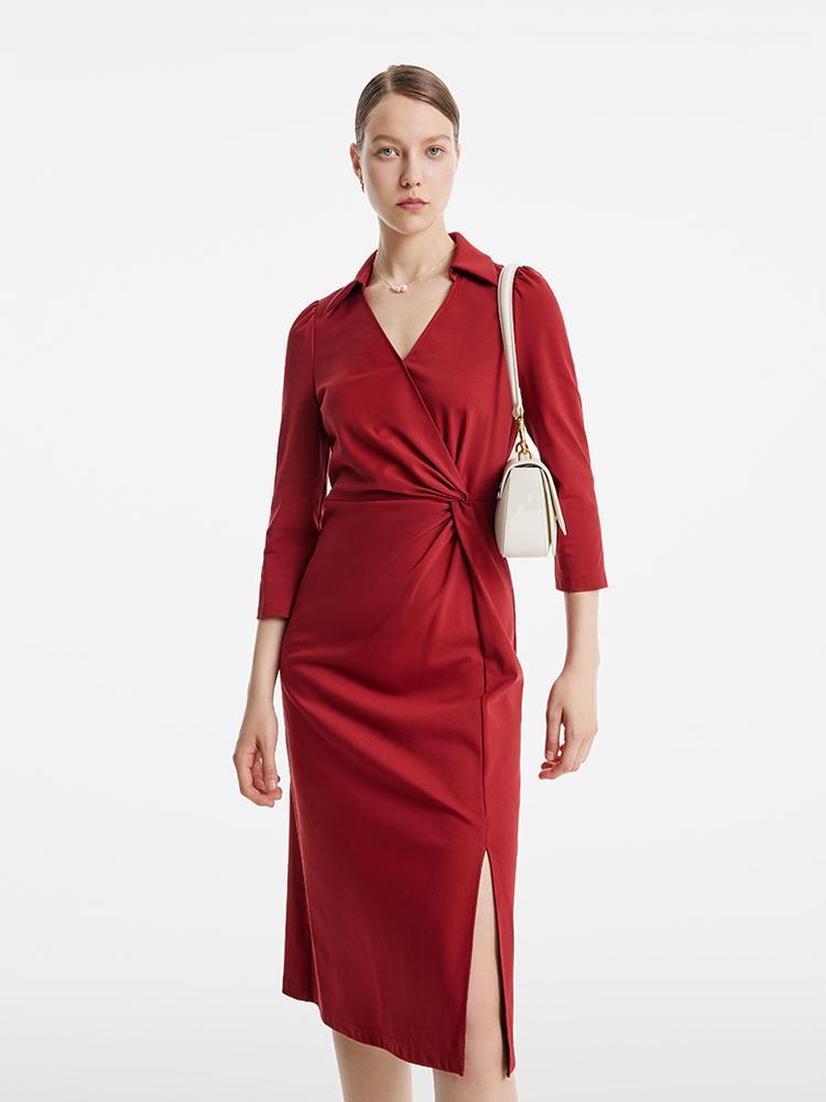 Red V-Neck Ruched Dress GOELIA