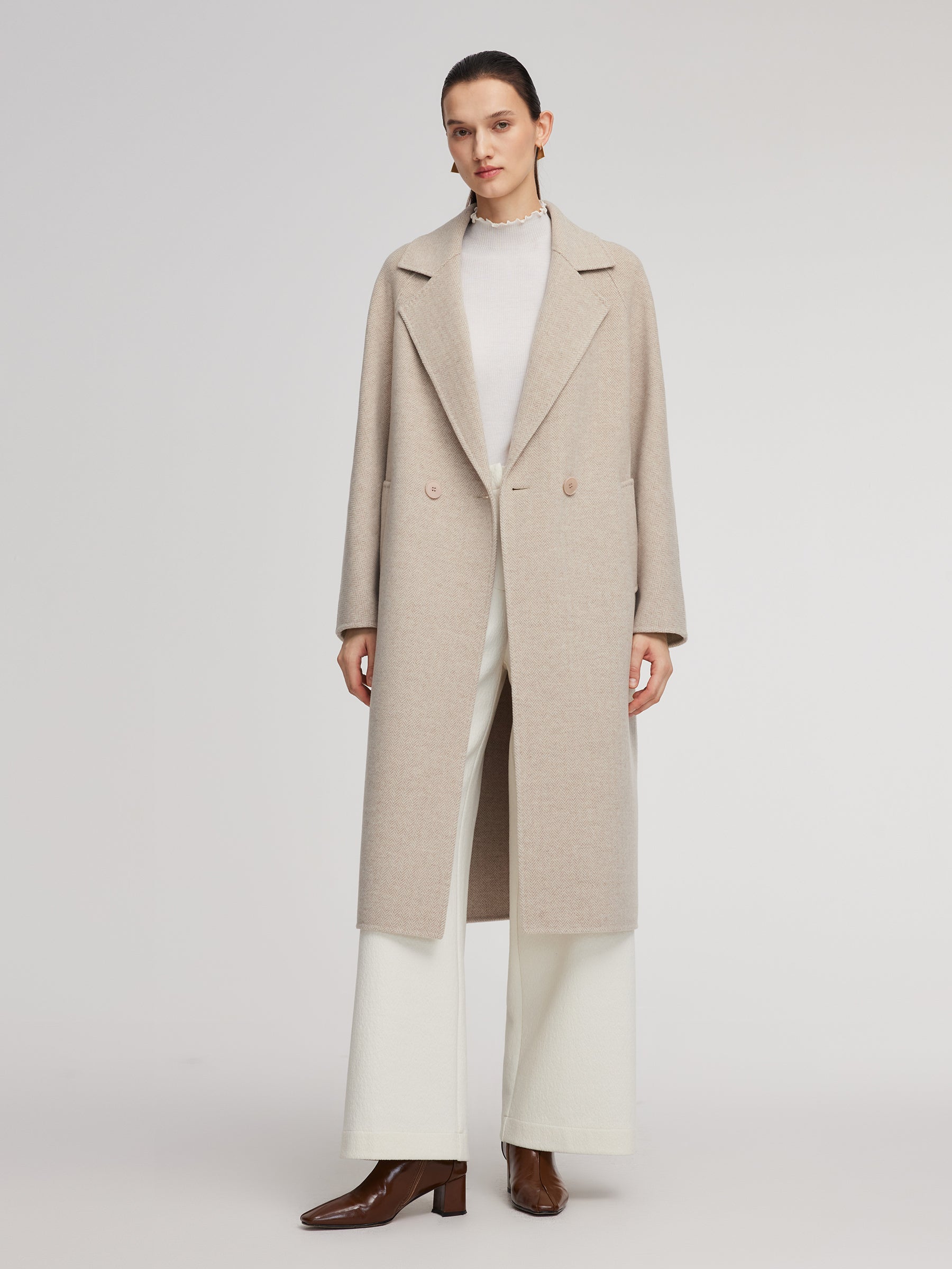 [Preview] Cashmere Wool Blend Herringbone Women Overcoat GOELIA