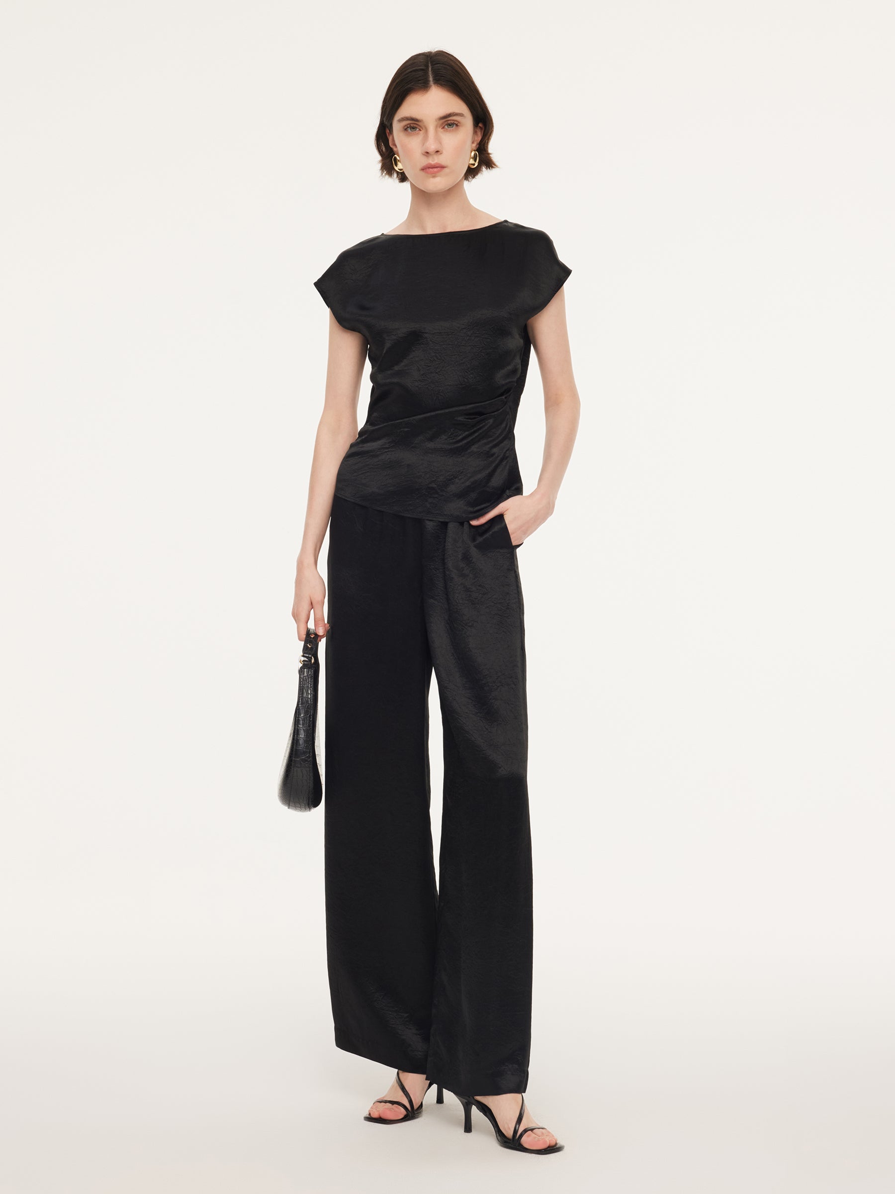 100% Acetate Ruched Side Top And Pants Two-Piece Set GOELIA