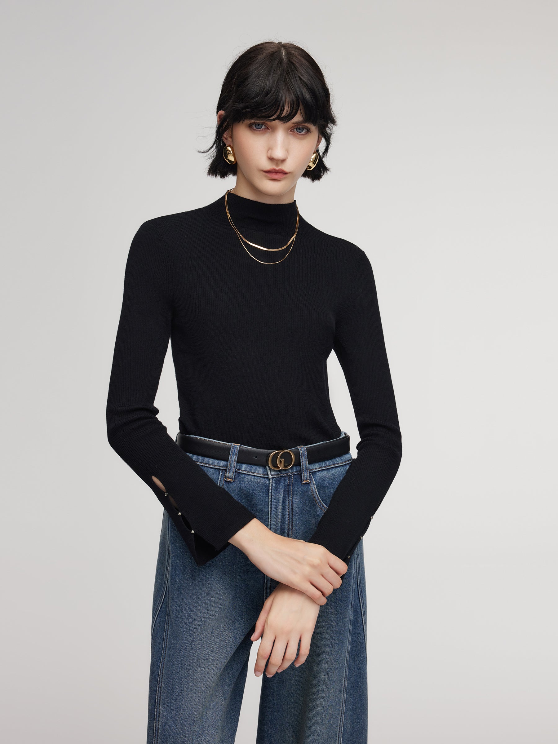 100% Machine Washable Wool Beaded Cuffs Women Mock Neck Knit Top GOELIA