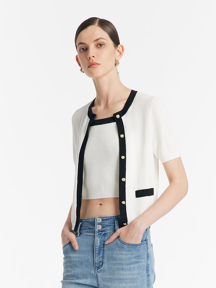 Contrast Trim Knitted Cardigan And Camisole Two-Piece Set GOELIA