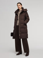 H-Line Knit Collar Long Goose Down Coat With Detachable Hood GOELIA