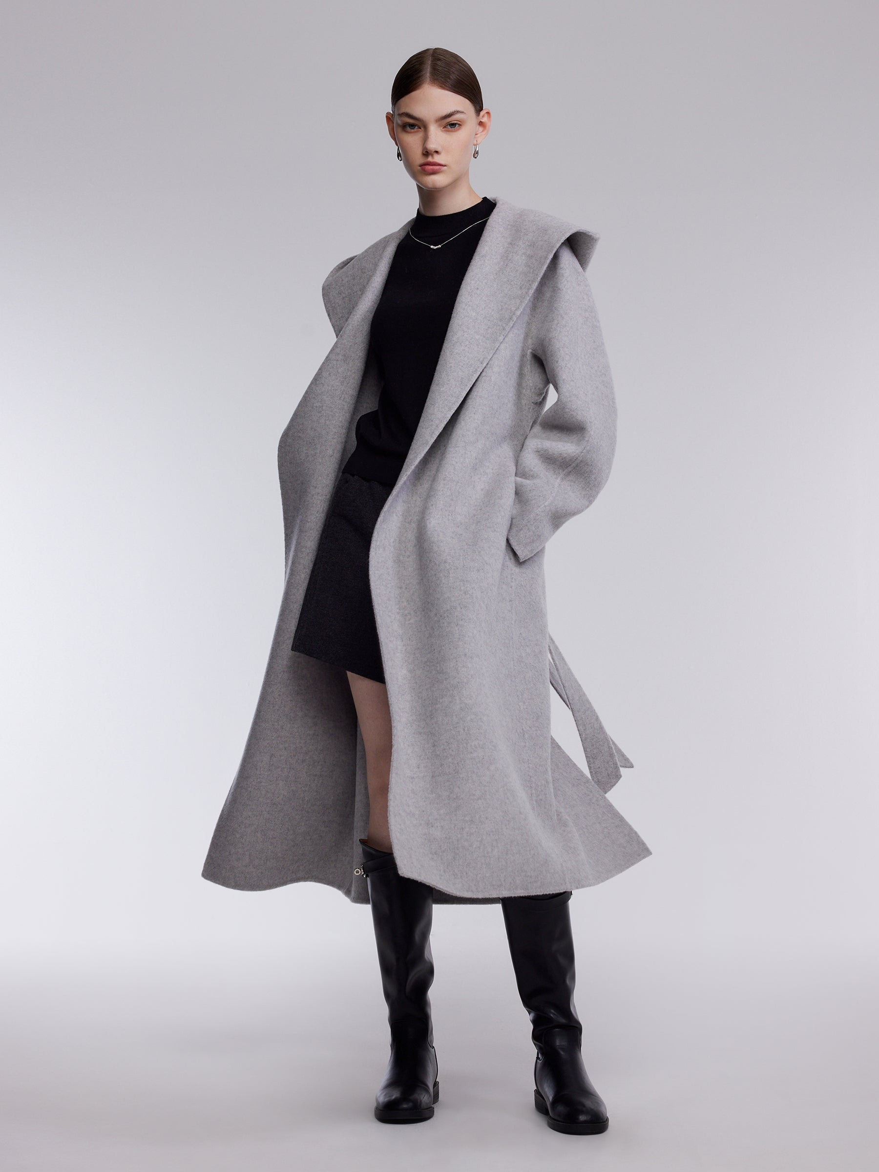 [Preview] Double-Faced Wool Yak Silk Blend Women Hooded Wrap Overcoat GOELIA