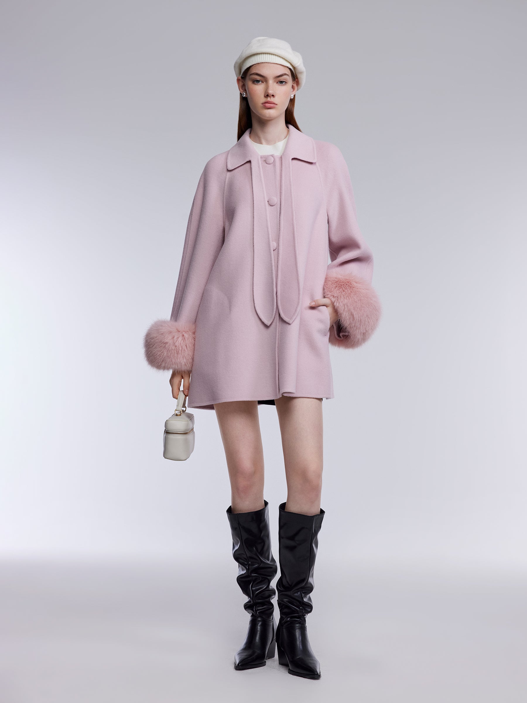 [Preview] Tencel Wool Tie-Neck Women Coat With Detachable Fur Cuffs GOELIA