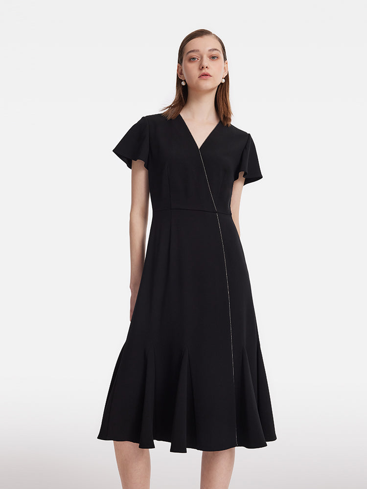 Triacetate V-Neck Ruffle Women Midi Dress GOELIA