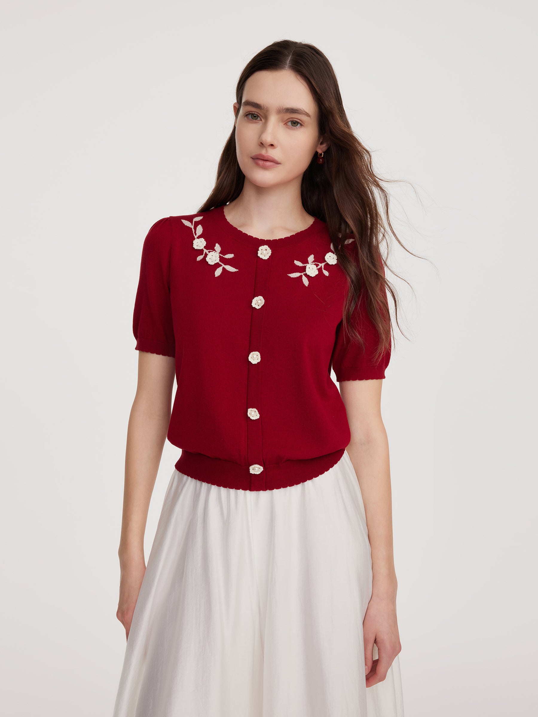 Lyocell Blend Jacquard Women Knit Top With Detachable Knit Flowers GOELIA