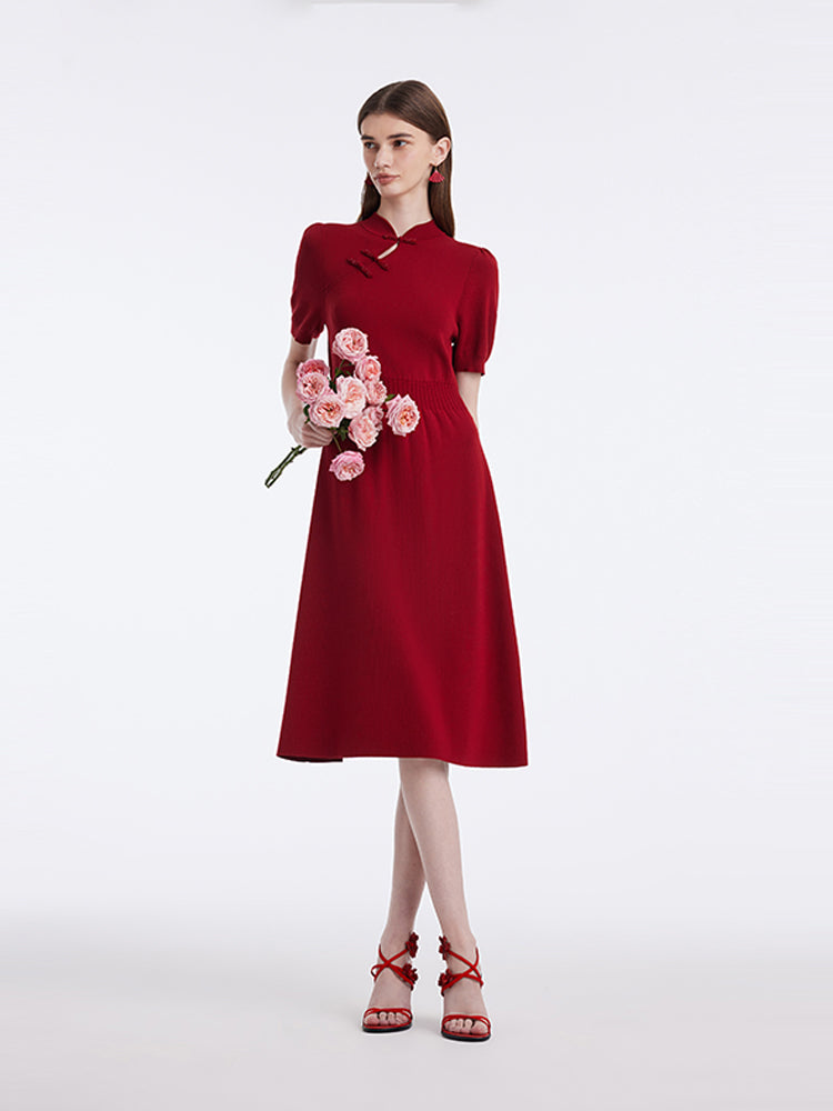 New Chinese-Style Mandarin Collar Knitted Women Midi Dress GOELIA