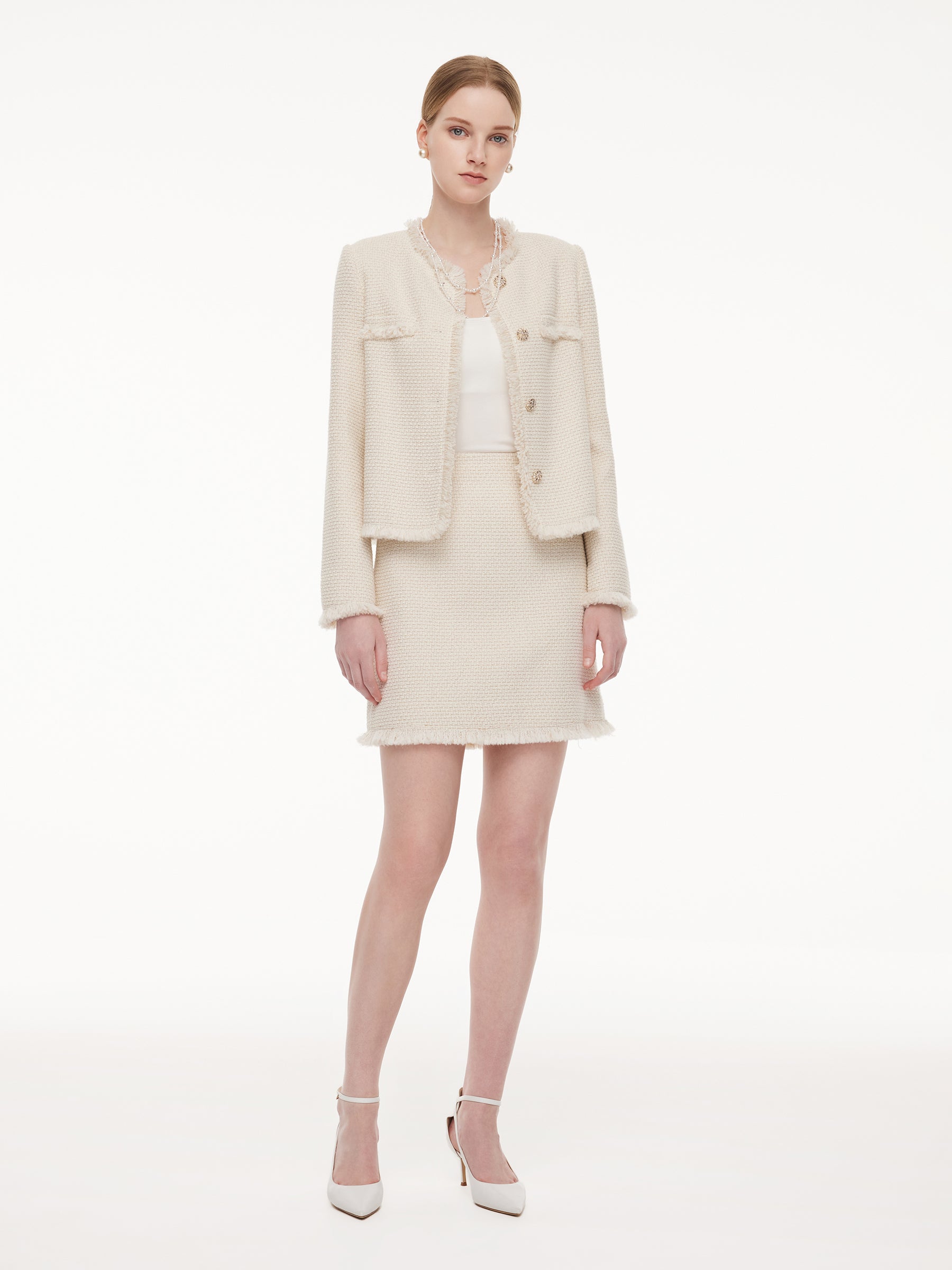 Wool Blend Tweed Fringe Hem Women Mini Skirt GOELIA