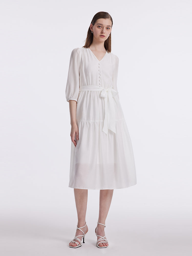 White V-Neck Gathered Waist Midi Dress GOELIA