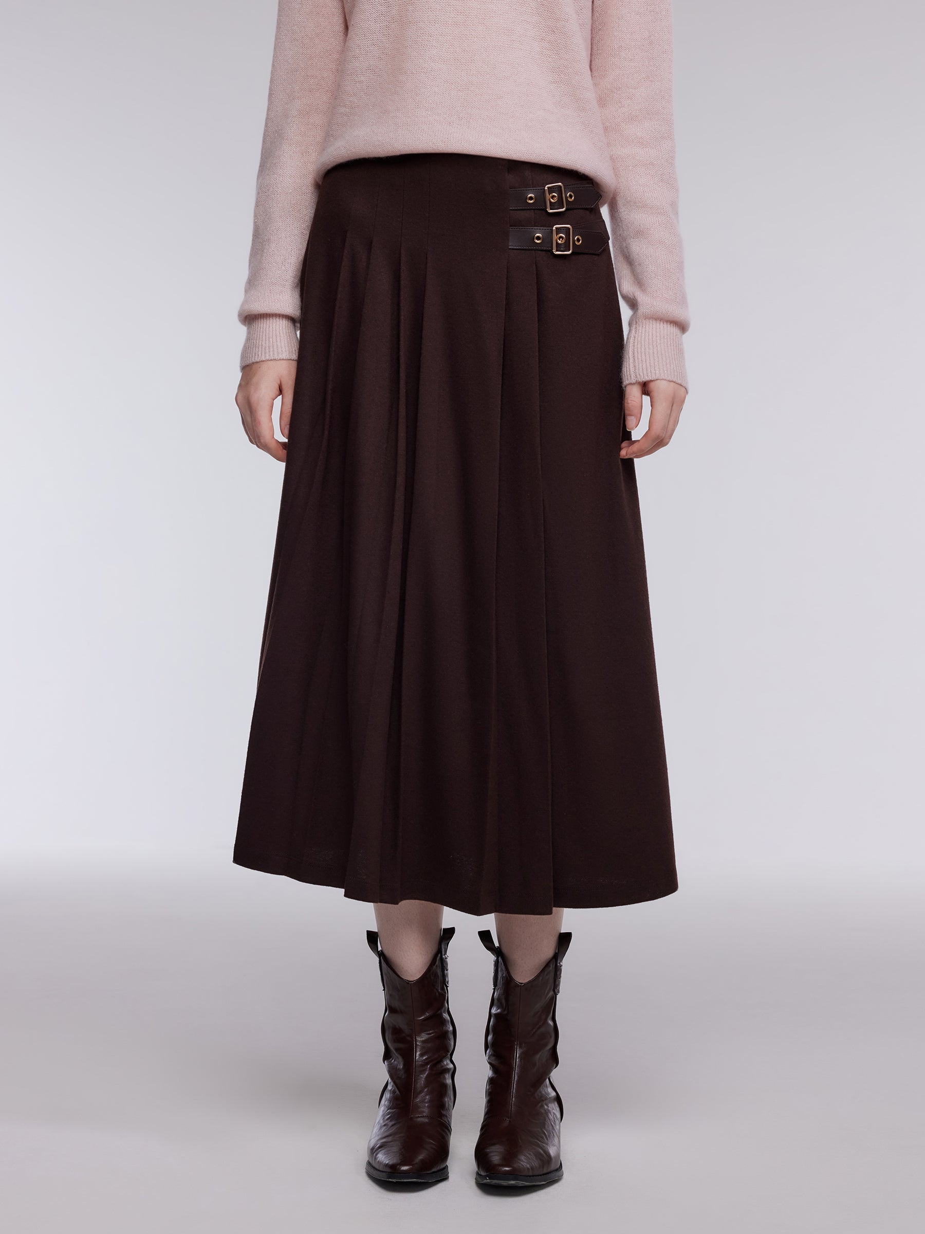 Dual-Buckle A-Line Women Pleated Skirt GOELIA
