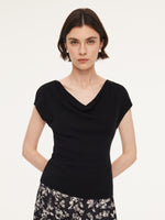 Tencel Mulberry Silk Cowl Neck Women Cap Sleeve Knit Top GOELIA