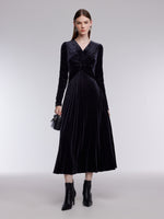 Velvet Twist Front Women V-Neck Pleated Maxi Dress GOELIA