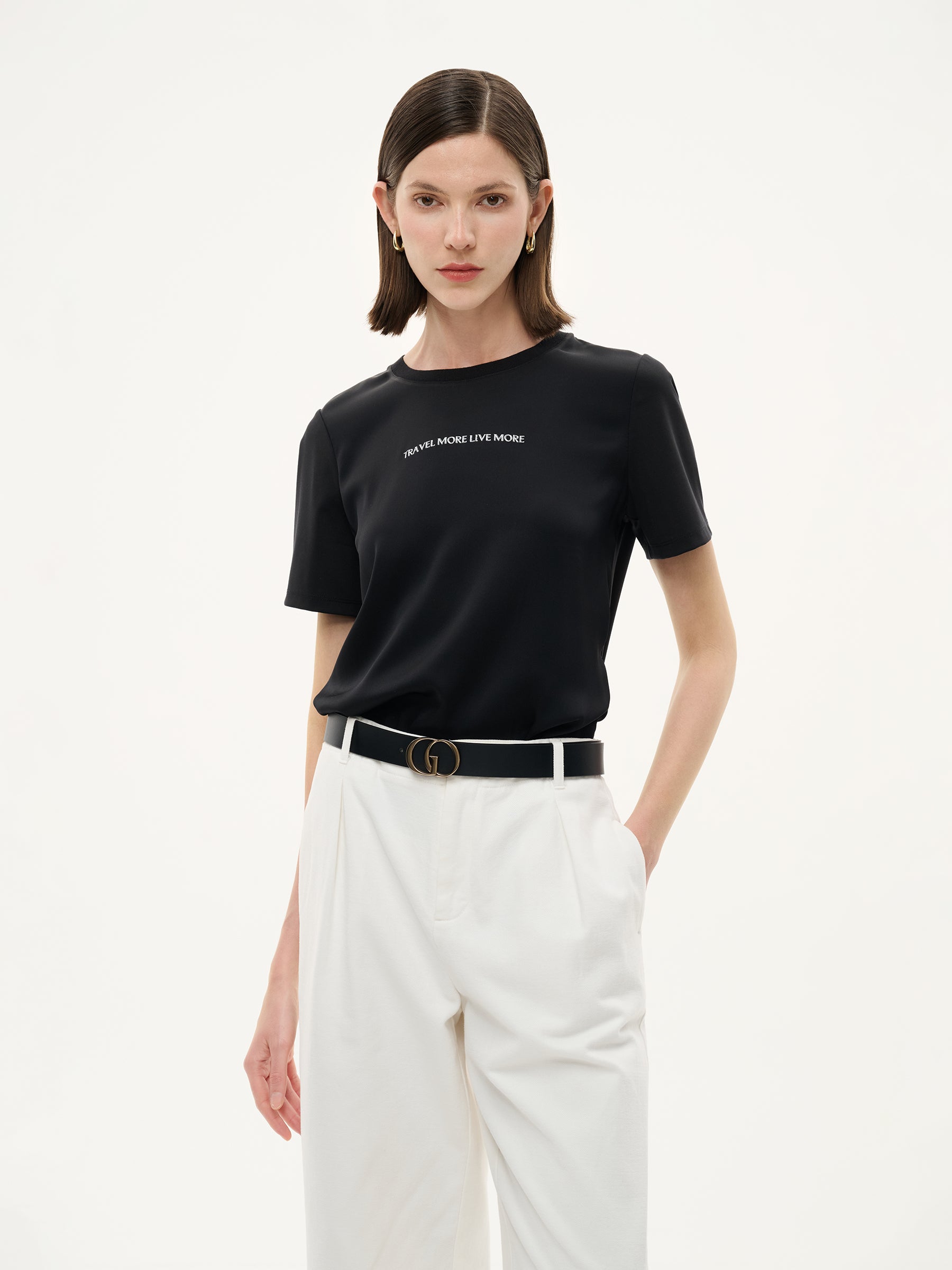 22MM Mulberry Silk Tencel Blend Women Letter Print T-Shirt GOELIA