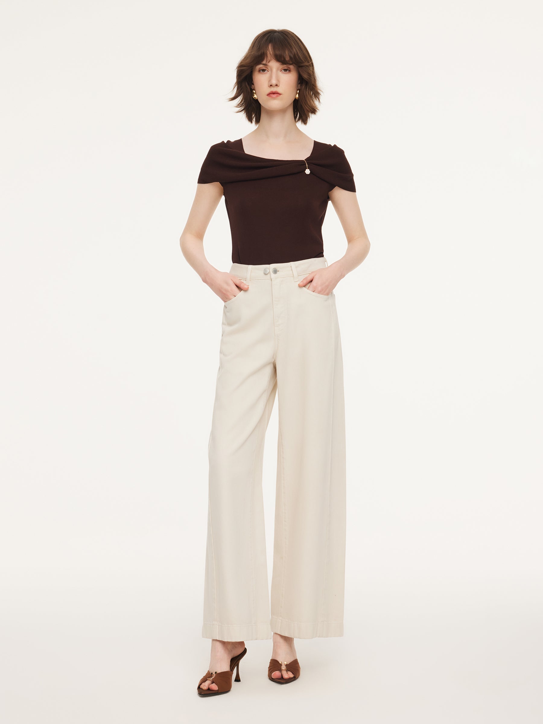 Tencel Cotton Blend Denim Women Straight Wide Leg Jeans GOELIA