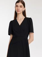 V-Neck Patchwork Pleated Women Mini Dress GOELIA