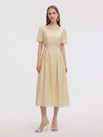 Tencel Blend Square Neck Women Gather-Waisted Maxi Dress GOELIA