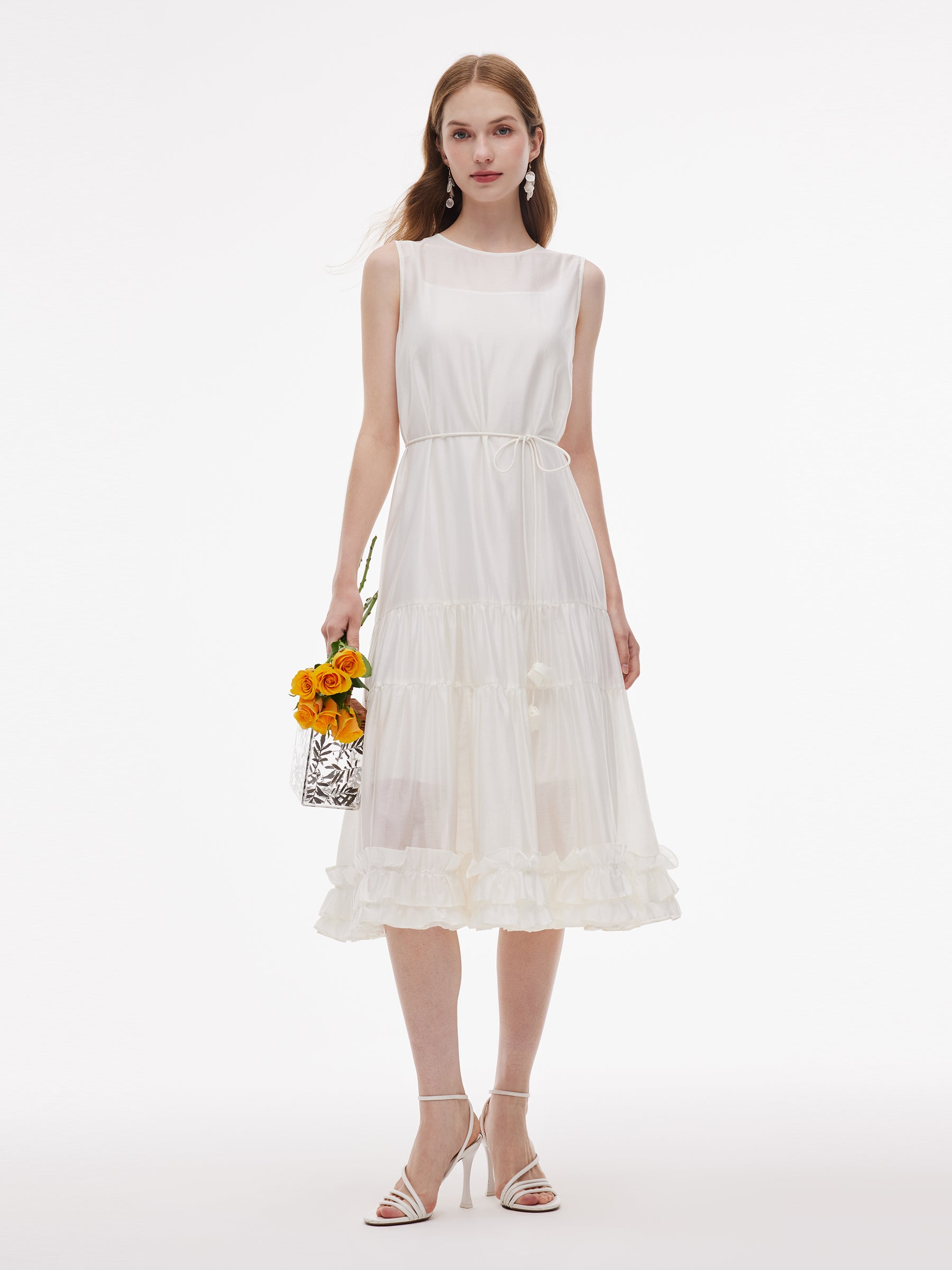 Tencel Blend Ruffle Hem Women Sleeveless Maxi Dress With Slip Dress And Tie String Belt GOELIA