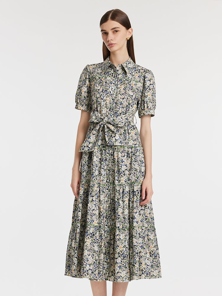 Floral Printed Lapel Tiered Women Midi Dress With Belt GOELIA