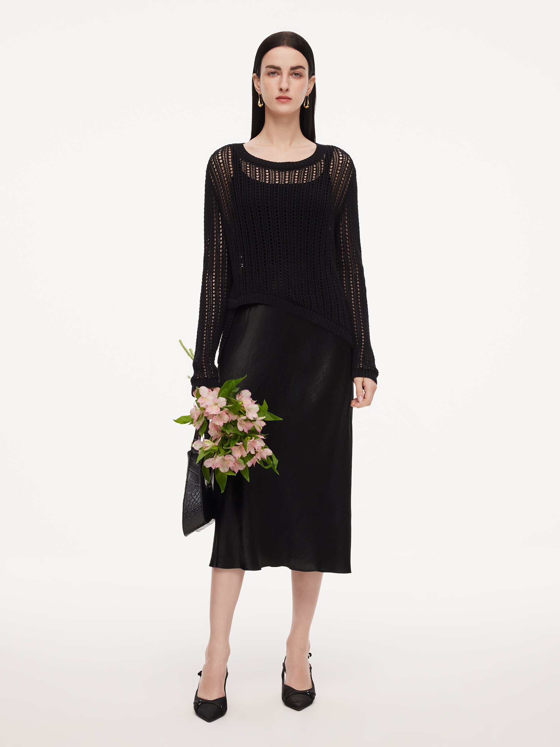 100% Acetate Openwork Pullover & Tank Top & Skirt Three-Piece Set GOELIA